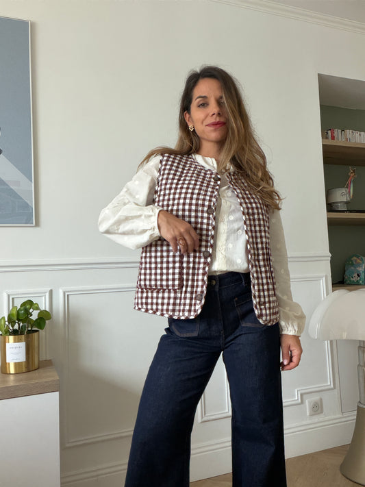 Gilet sans manches réversible vichy chocolat Apolline