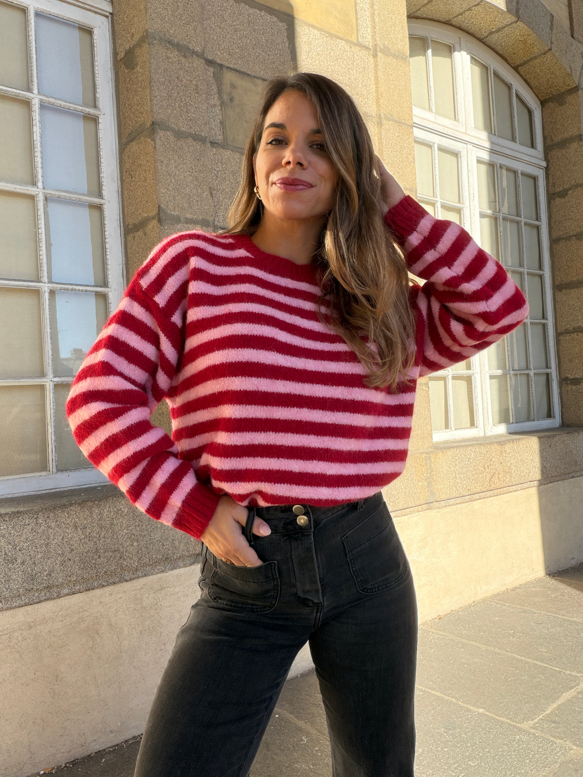 Pull à rayures Suzie rouge et rose