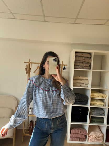 Blouse à col large Solveig VICHY bleue