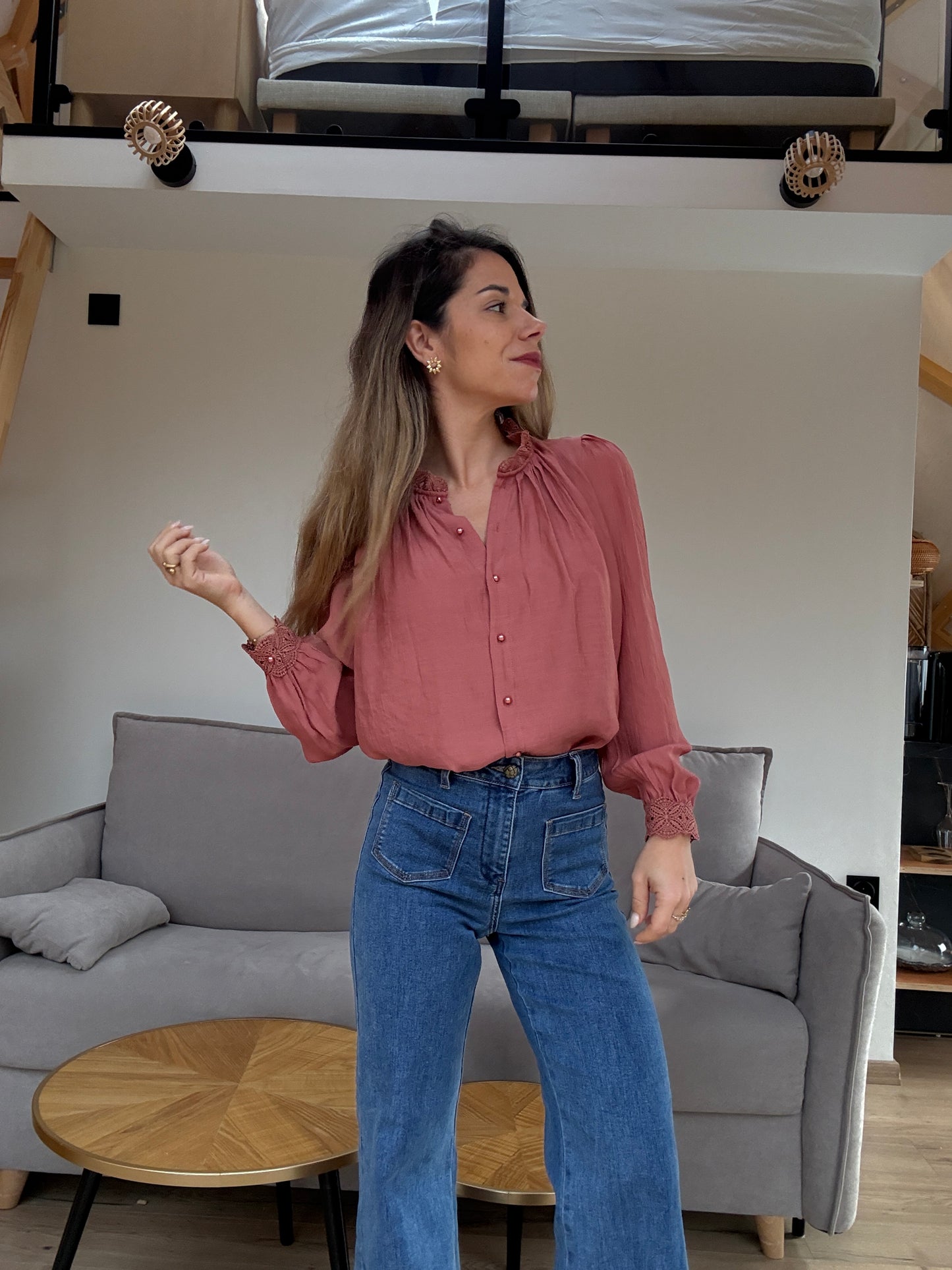 Blouse brodée Maïwenn bois de rose