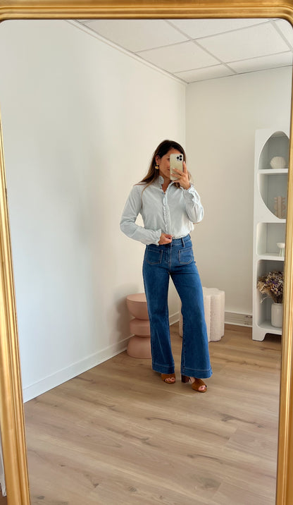 Blouse à col volanté Gaïa bleue