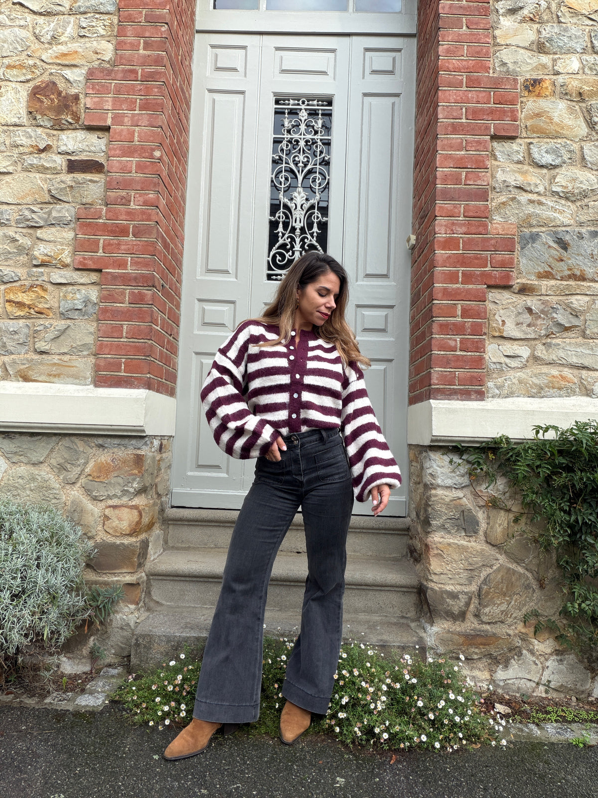 Cardigan Véra rayé bordeaux