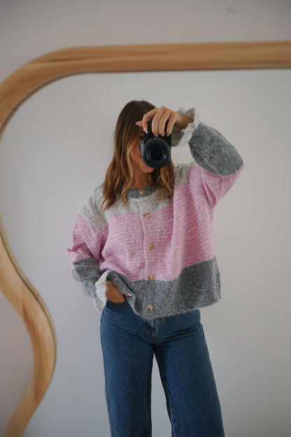 Cardigan Marisol Gris rayé rose