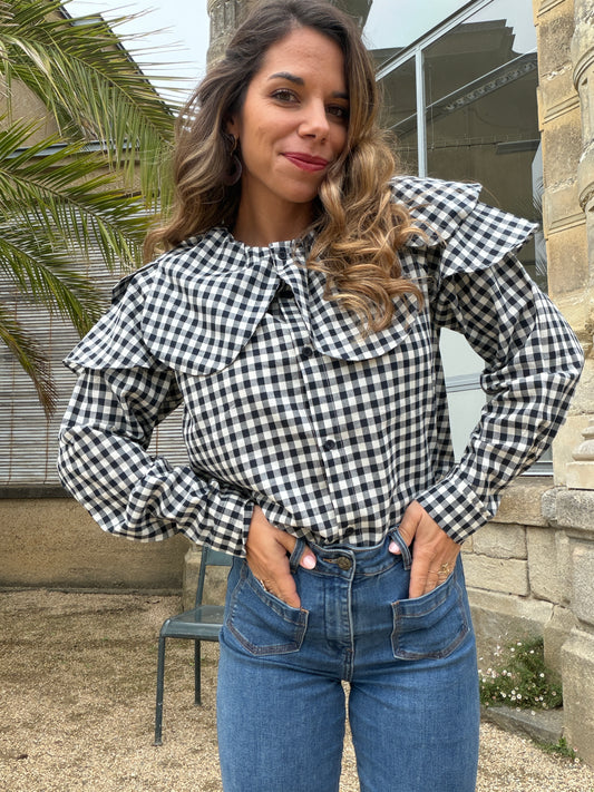 Blouse Vichy avec un grand col Sixtine bleu marine