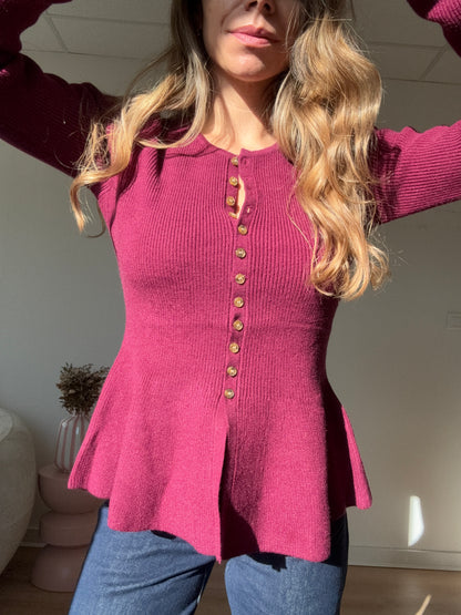 Pull fin péplum Albane bordeaux