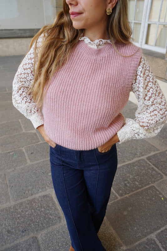 Pull sans manches rose chiné Adèle