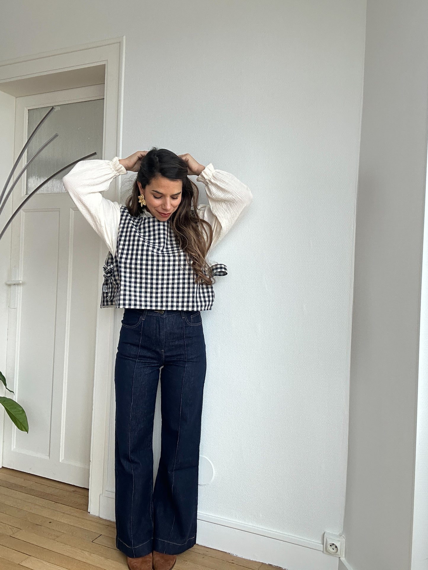Pull fin sans manche avec nœuds vichy Angèle