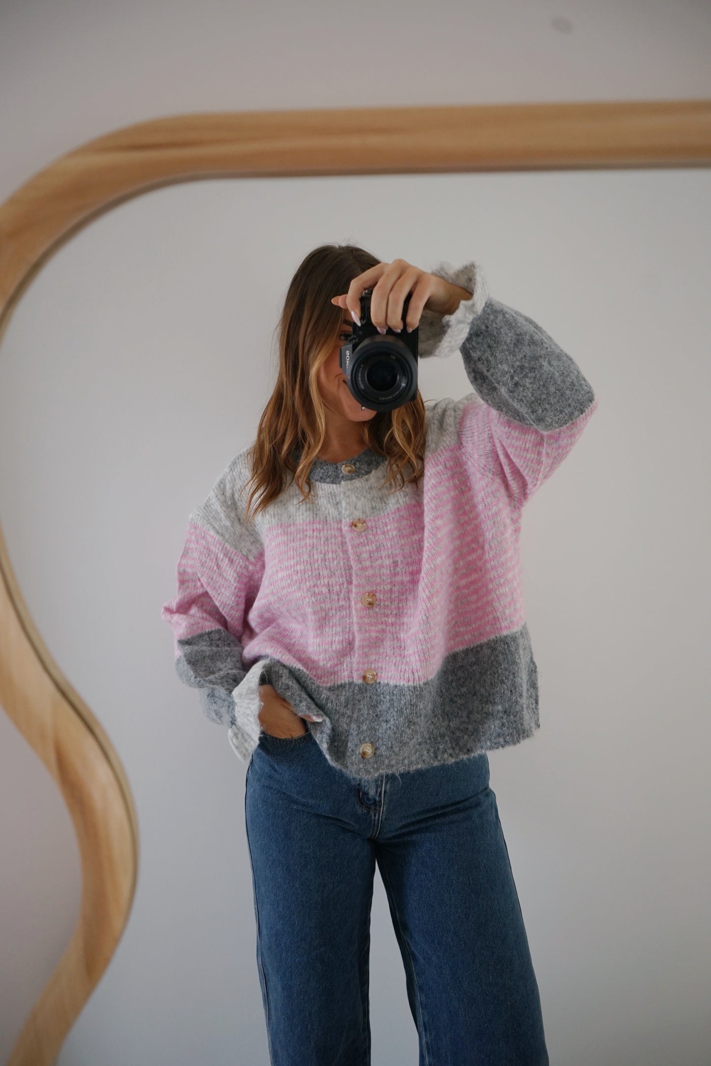 Cardigan Marisol Gris rayé rose
