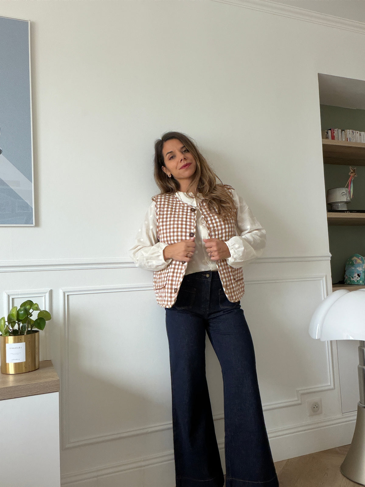 Gilet sans manches vichy beige Apolline réversible