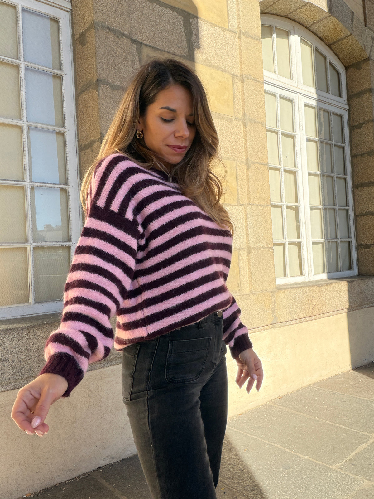 Pull à rayures Suzie prune et rose