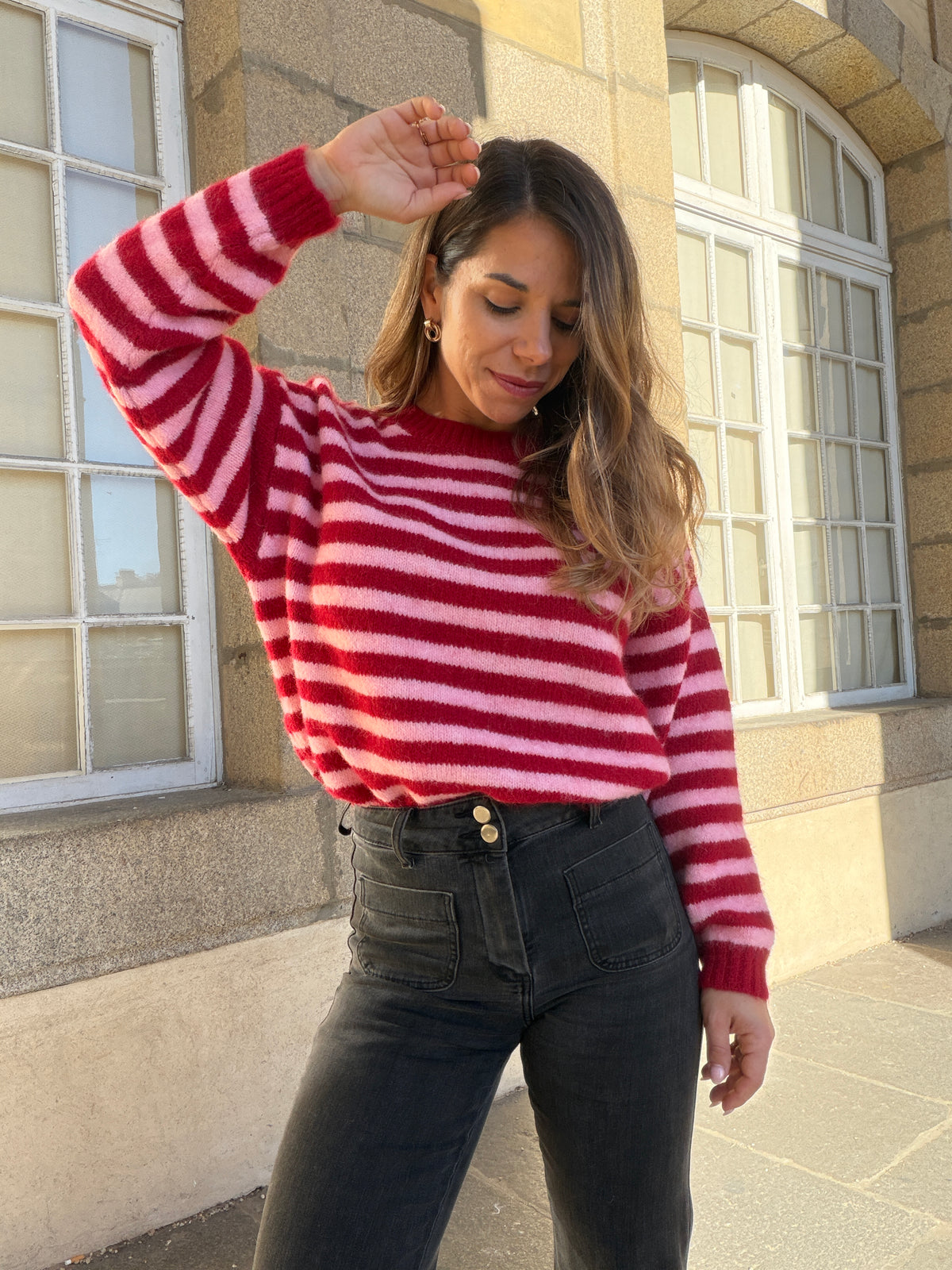 Pull à rayures Suzie rouge et rose