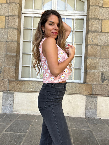 Top en crochet Marguerite rose