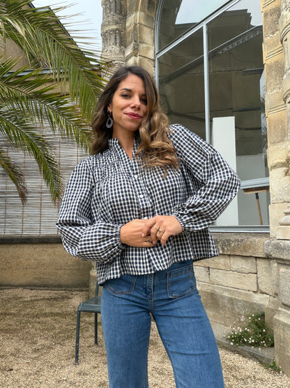 Blouse à carreaux bleu marine Albane