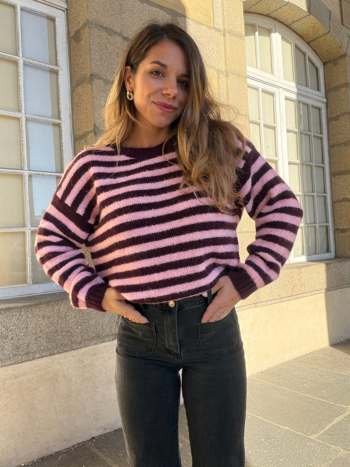 Pull à rayures Suzie prune et rose