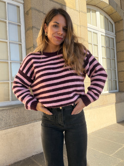 Pull à rayures Suzie prune et rose