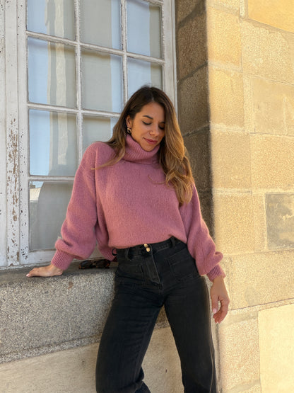Maille col roulé en mohair et laine Faustine vieux rose