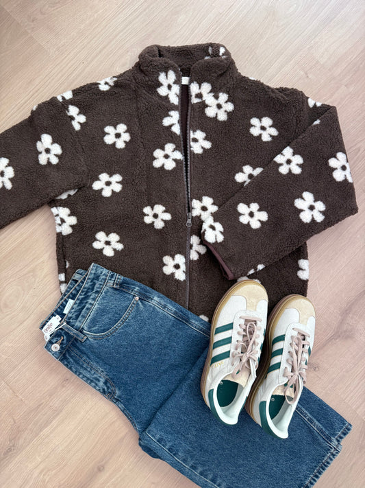 Veste moumoute fleurie chocolat Paula