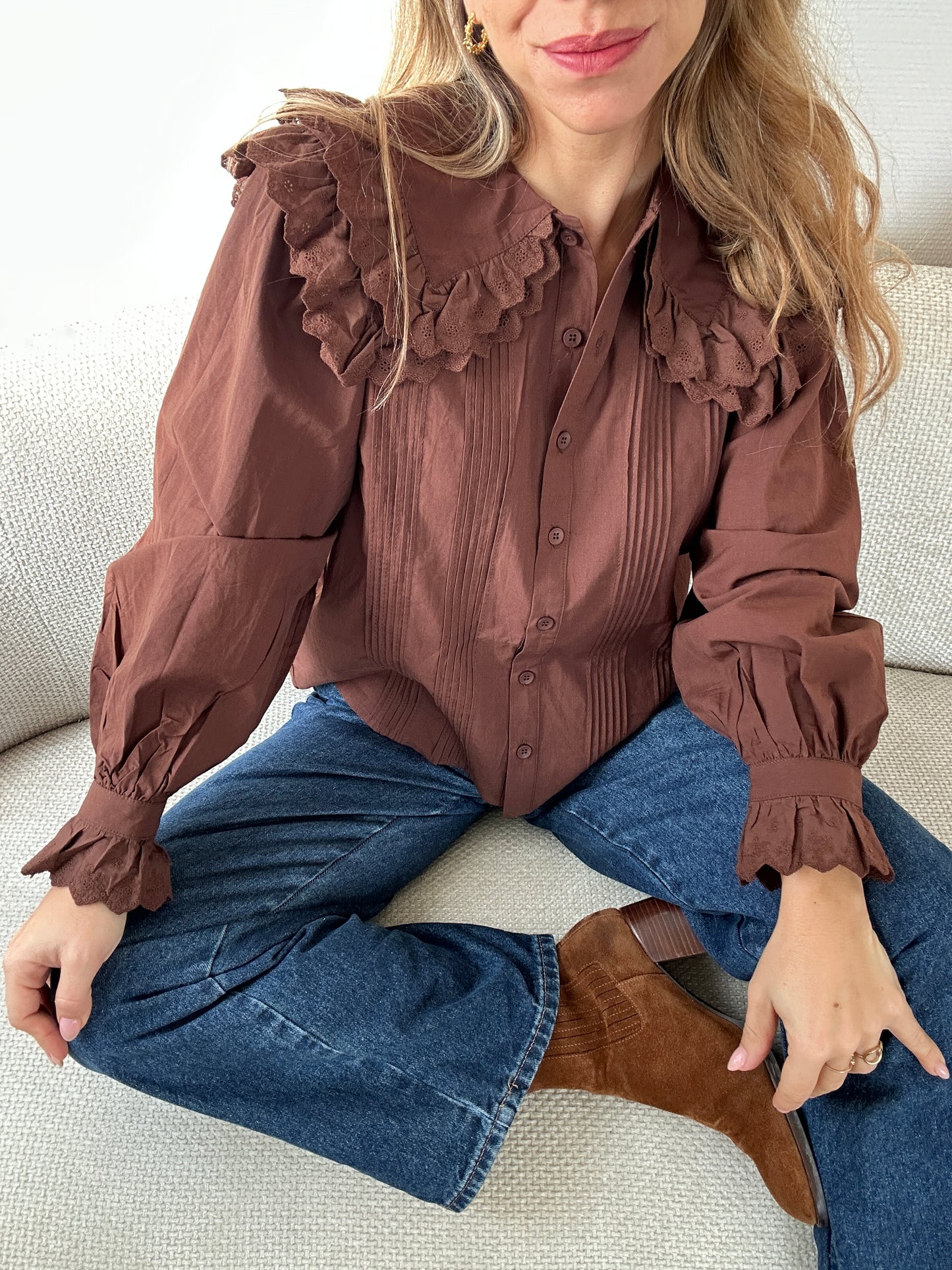 Blouse à col large chocolat Agnès