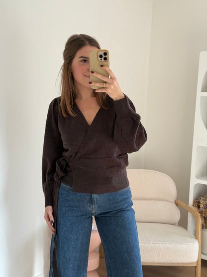 Cardigan à noeud en laine et mohair Pia chocolat