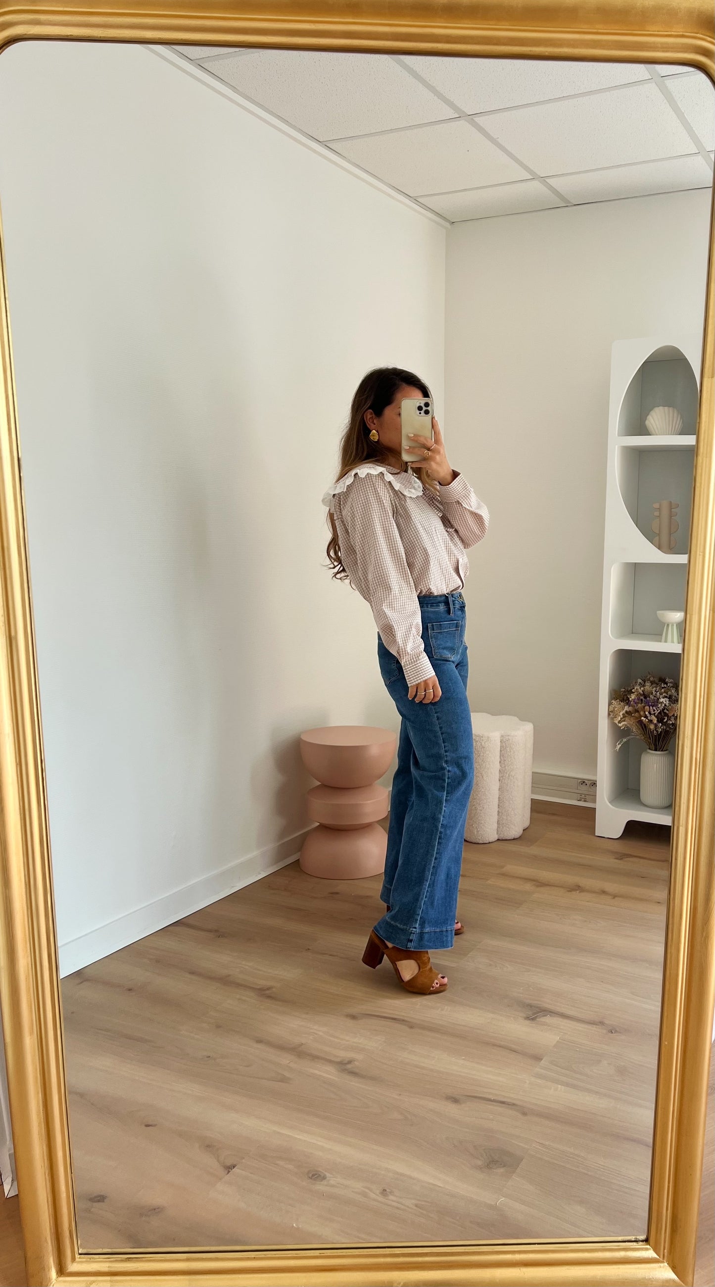 Chemise vichy beige Iris avec dentelle