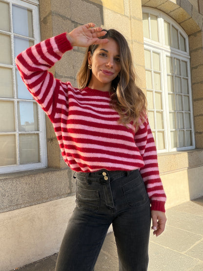 Pull à rayures Suzie rouge et rose