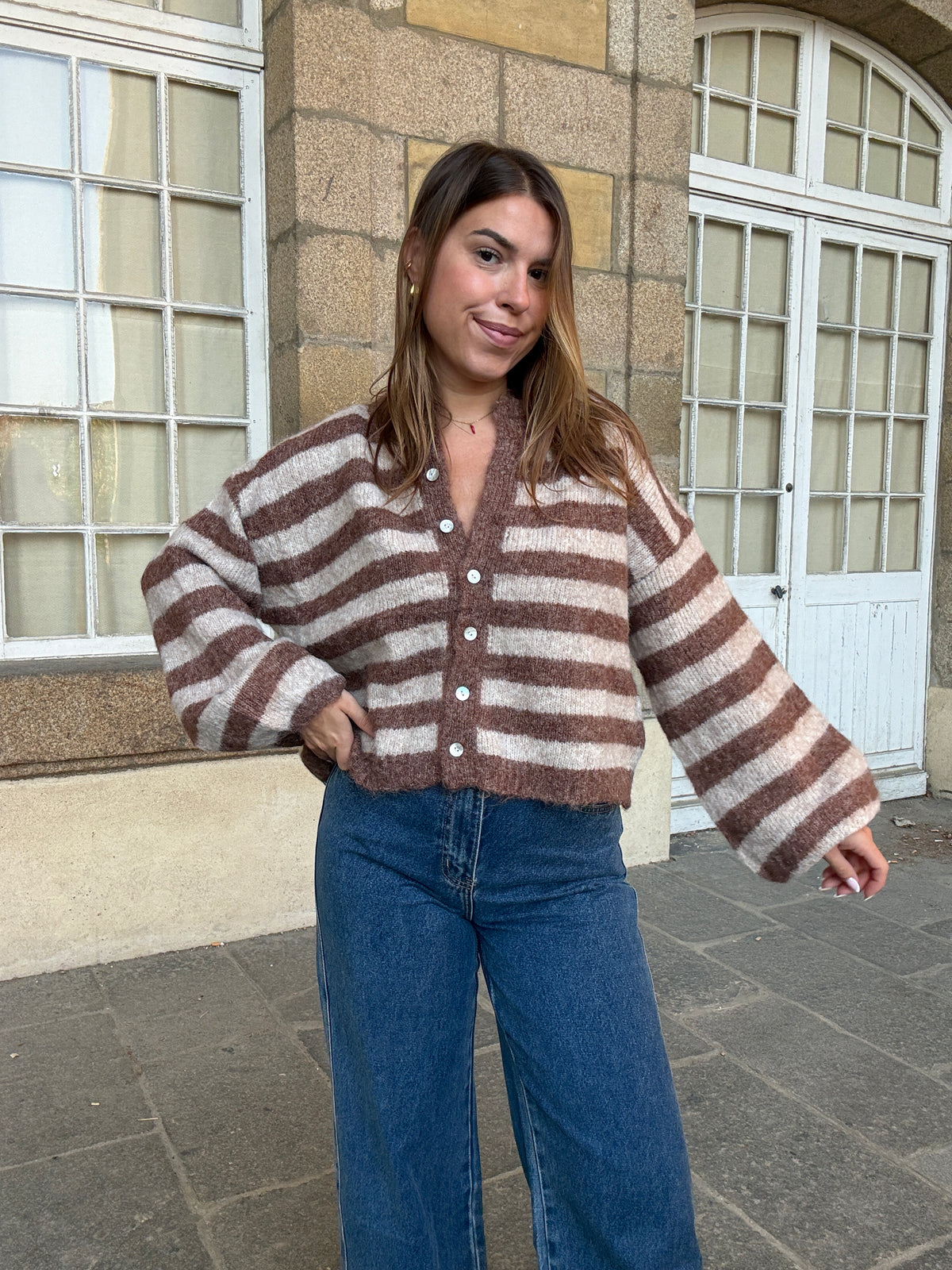 Cardigan Véra rayé camel et beige