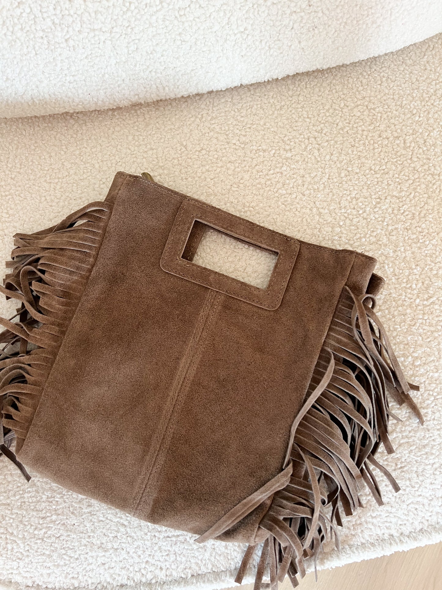 Sac à main à franges en daim Lou taupe