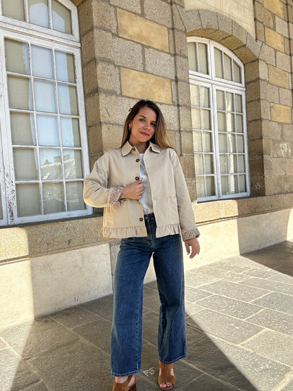 Veste trench liberty en coton beige Hortense à volants