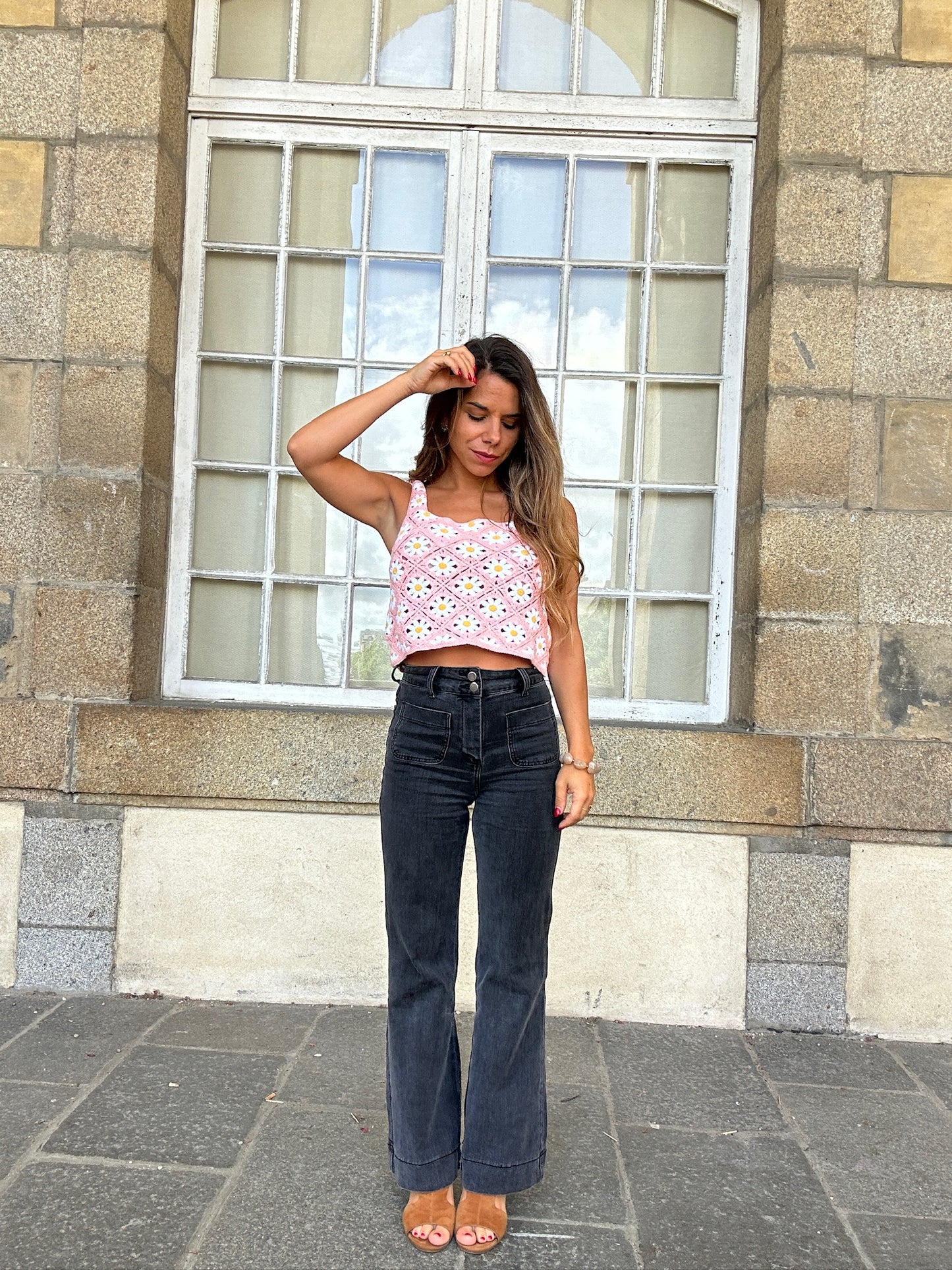 Top en crochet Marguerite rose