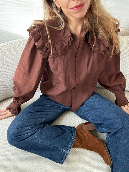 Blouse à col large chocolat Agnès