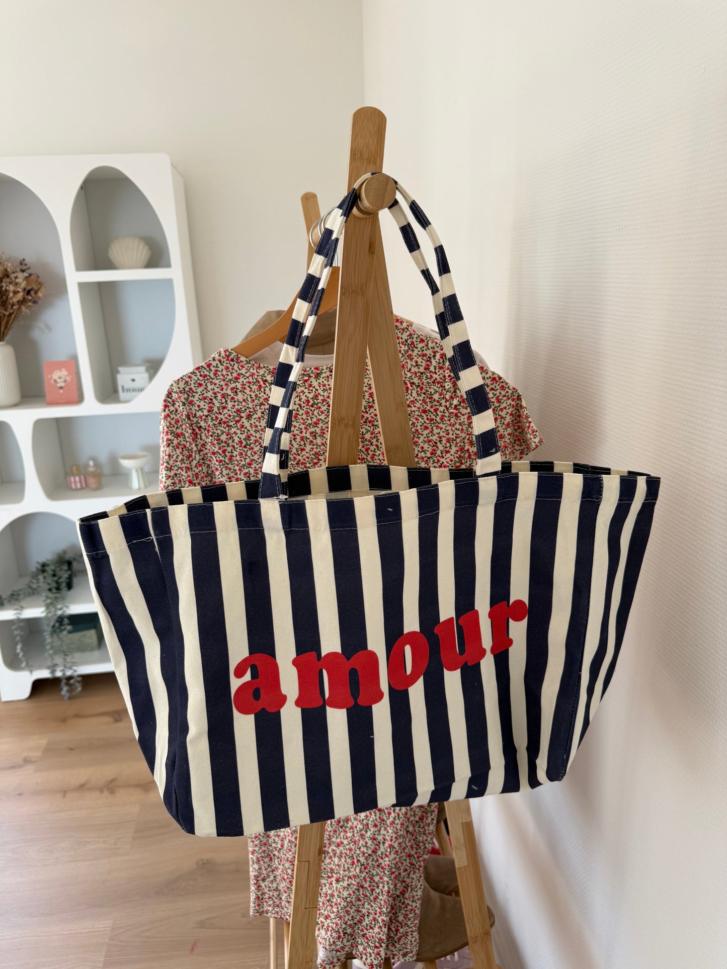 Sac cabas Amour rayé bleu et rouge