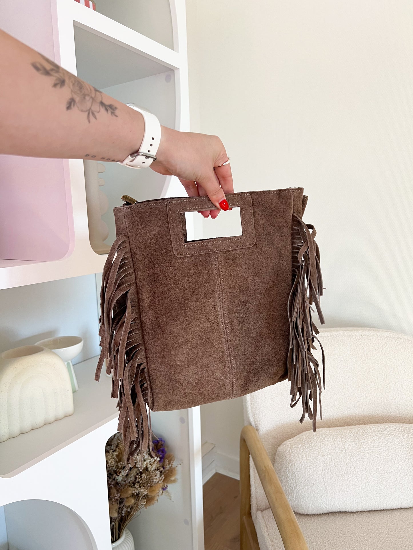 Sac à main à franges en daim Lou taupe