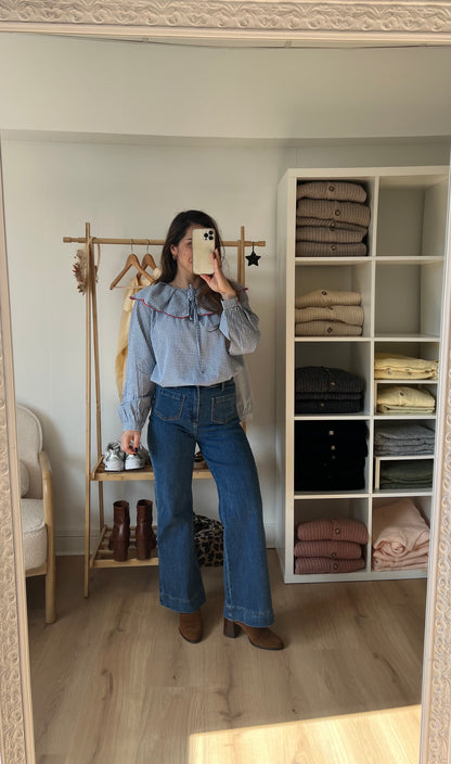 Blouse à col large Solveig VICHY bleue