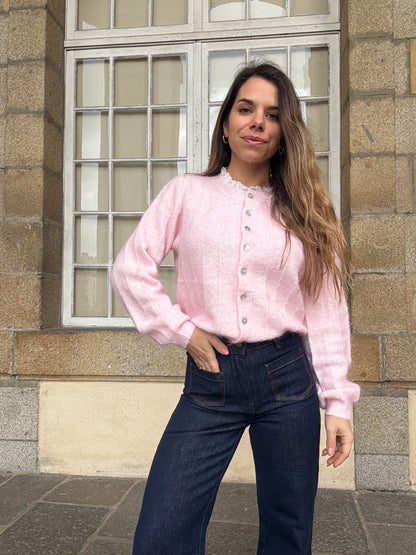 Cardigan Lola baby rose à col dentelle