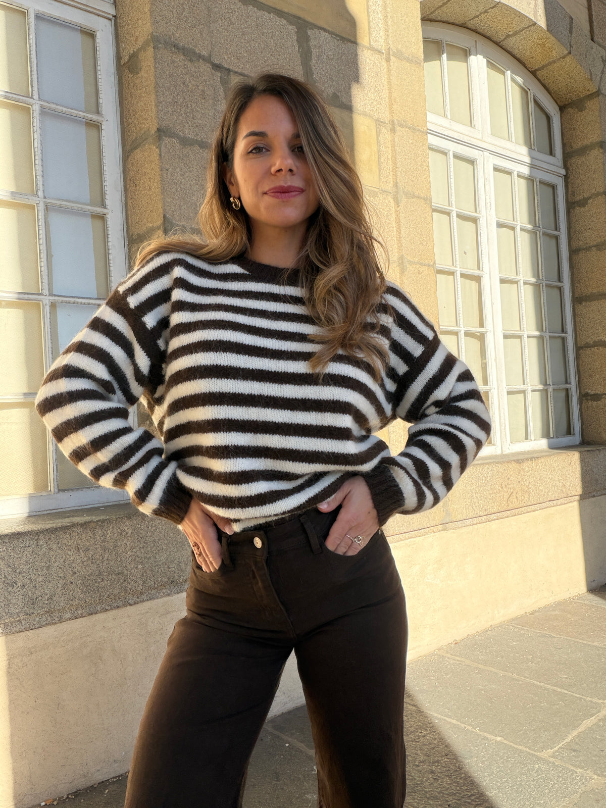 Pull à rayures Suzie marron et beige