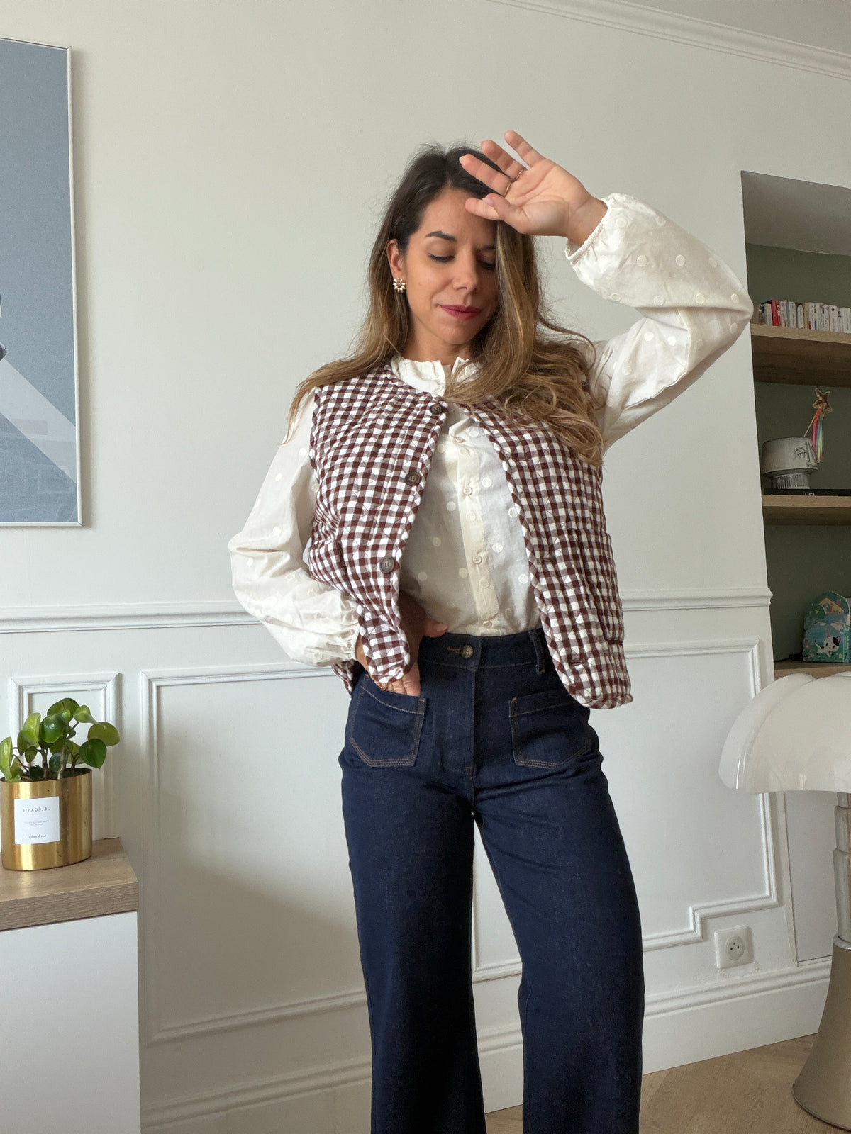Gilet sans manches réversible vichy chocolat Apolline