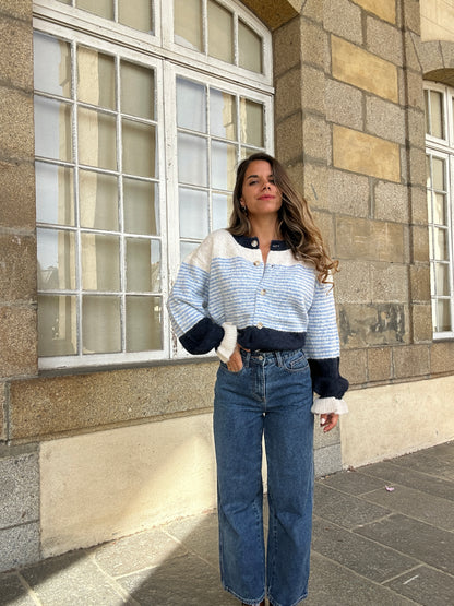 Cardigan Marisol blanc rayé bleu marine