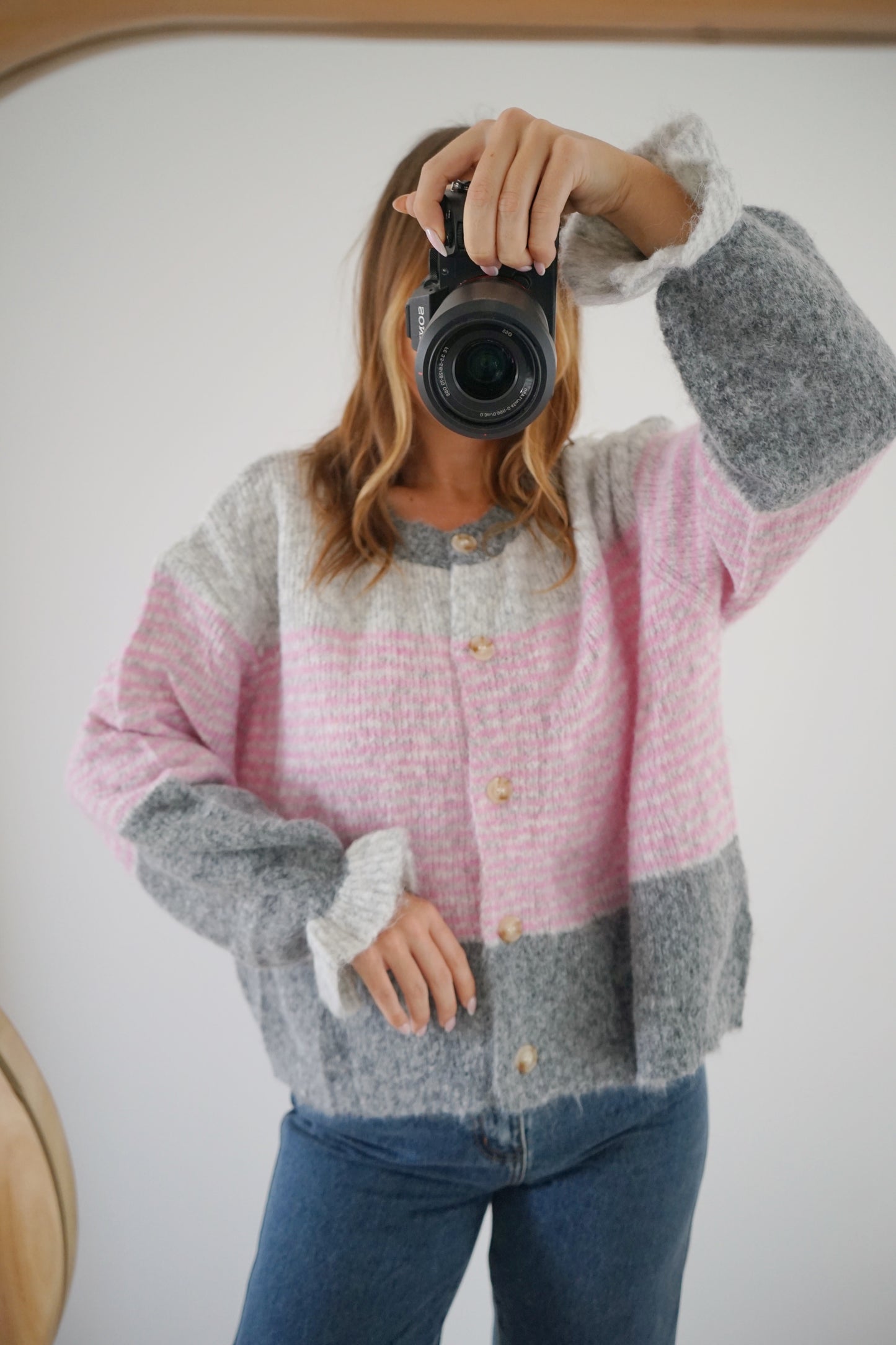 Cardigan Marisol Gris rayé rose