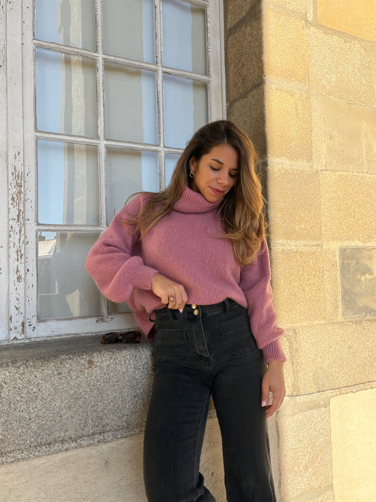 Maille col roulé en mohair et laine Faustine vieux rose