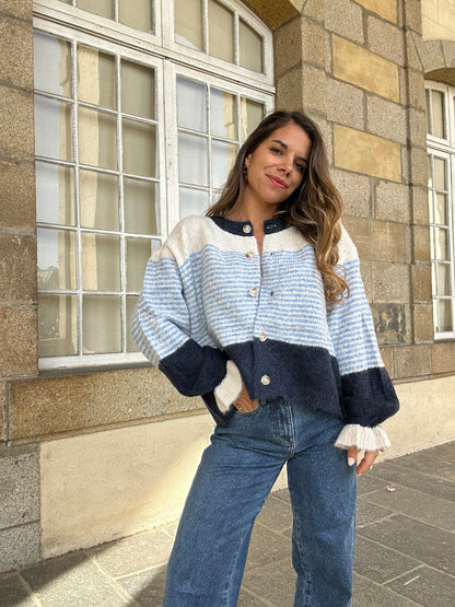 Cardigan Marisol blanc rayé bleu marine