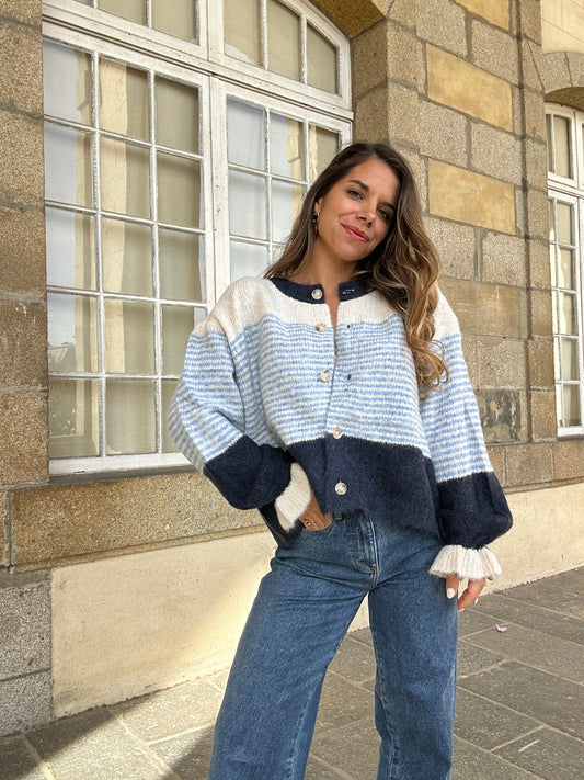 Cardigan Marisol blanc rayé bleu marine