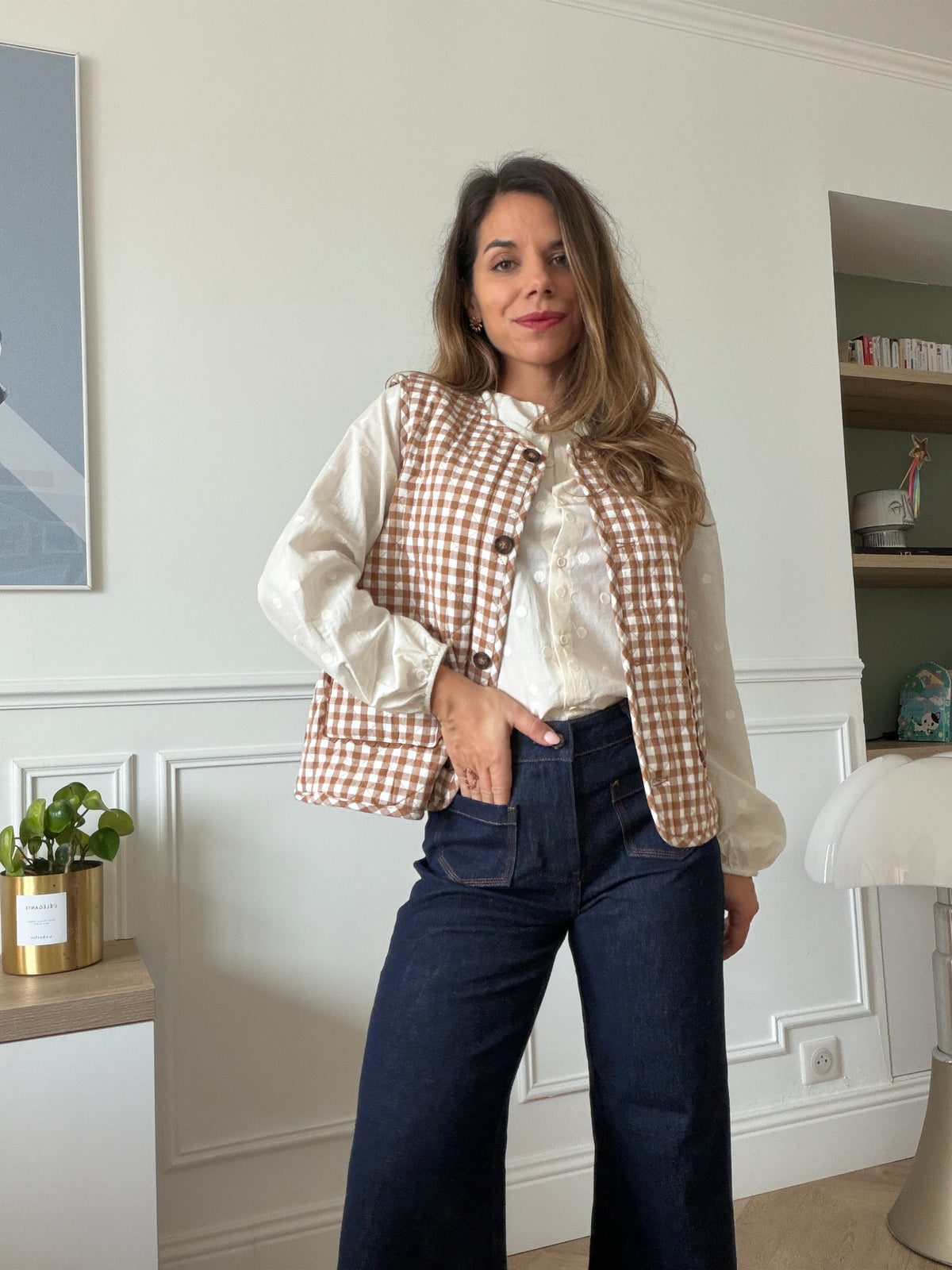 Gilet sans manches vichy beige Apolline réversible