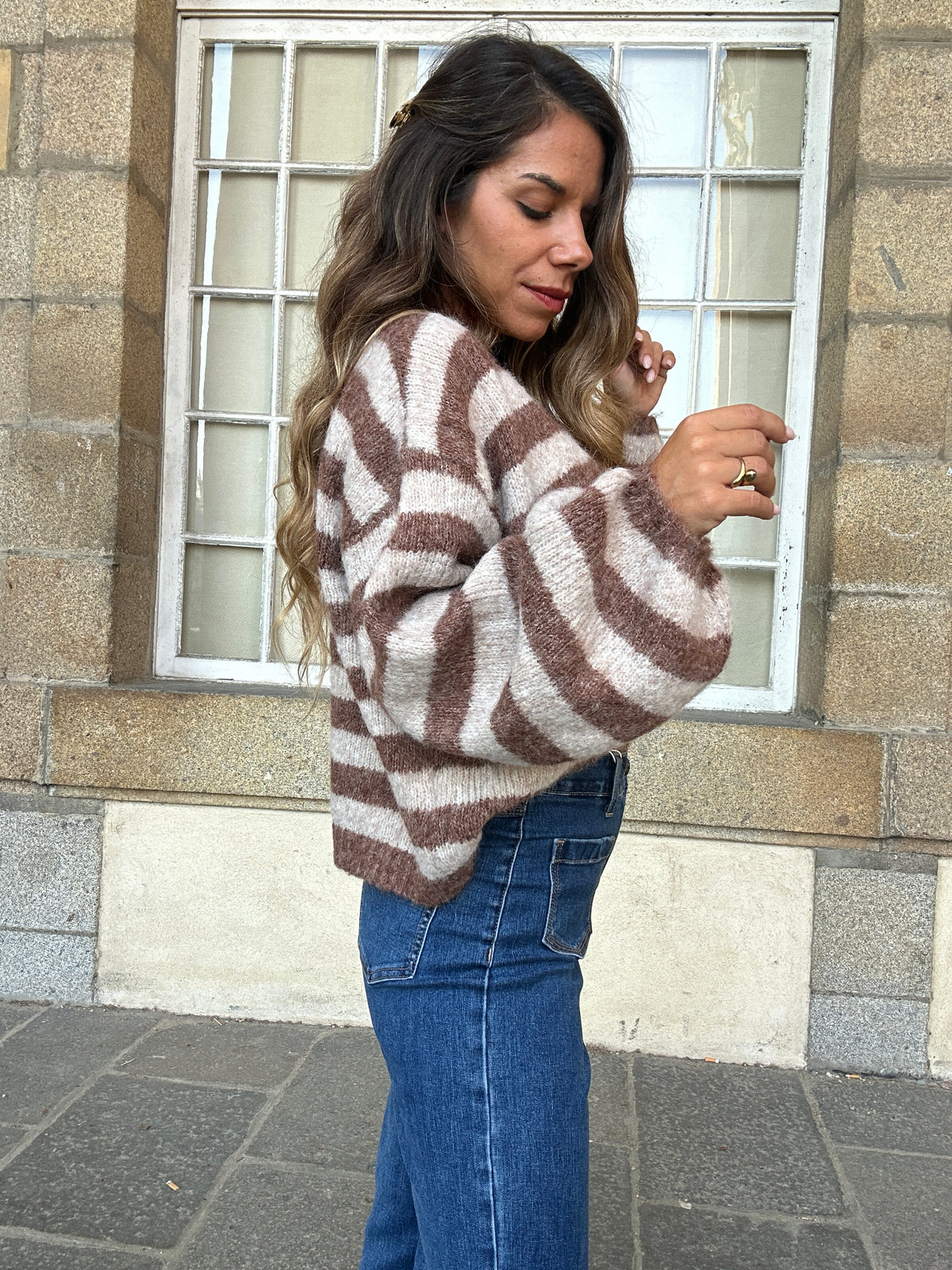 Cardigan Véra rayé camel et beige