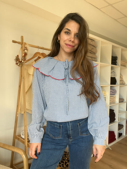 Blouse à col large Solveig VICHY bleue