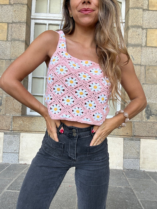 Top en crochet Marguerite rose