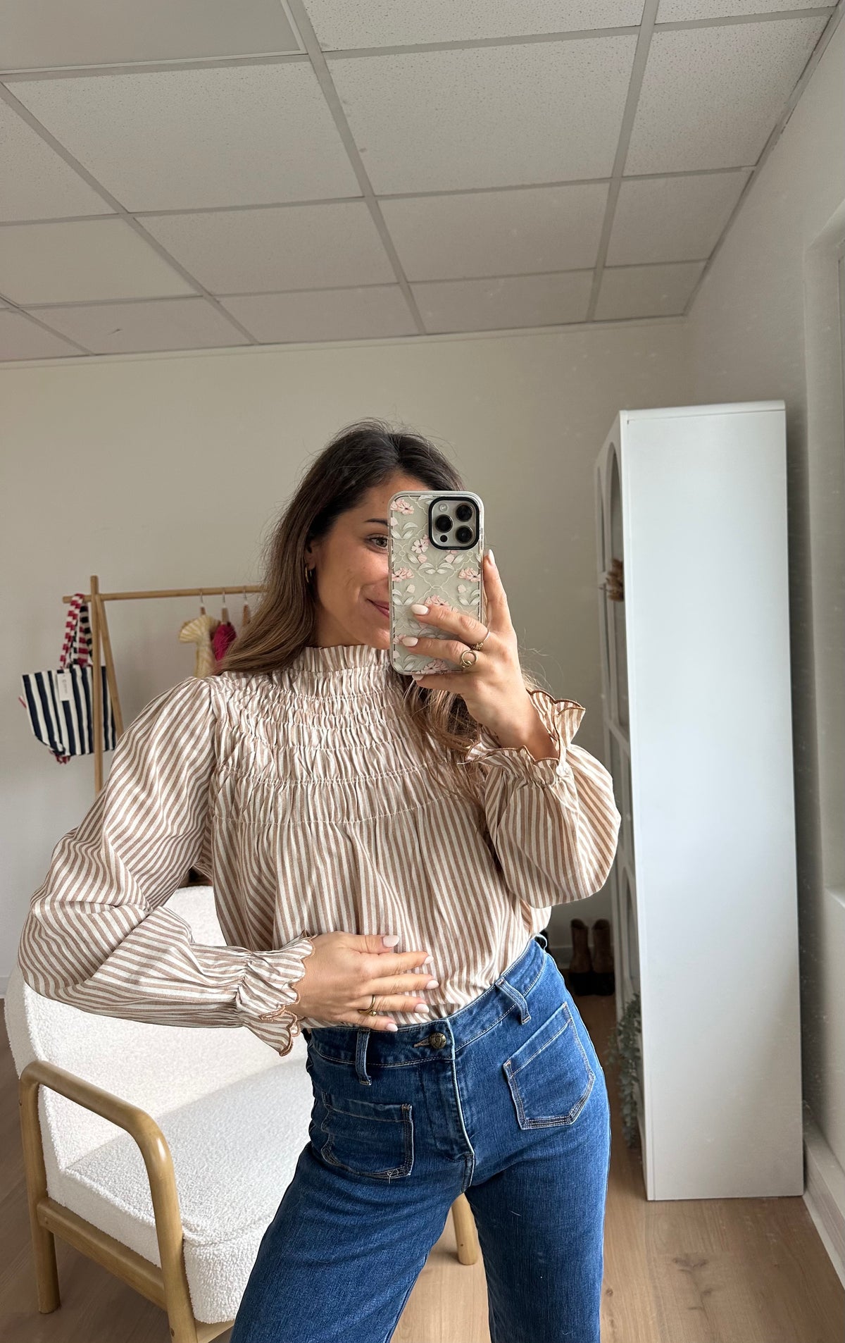 Blouse à rayures smockée camel Chloé