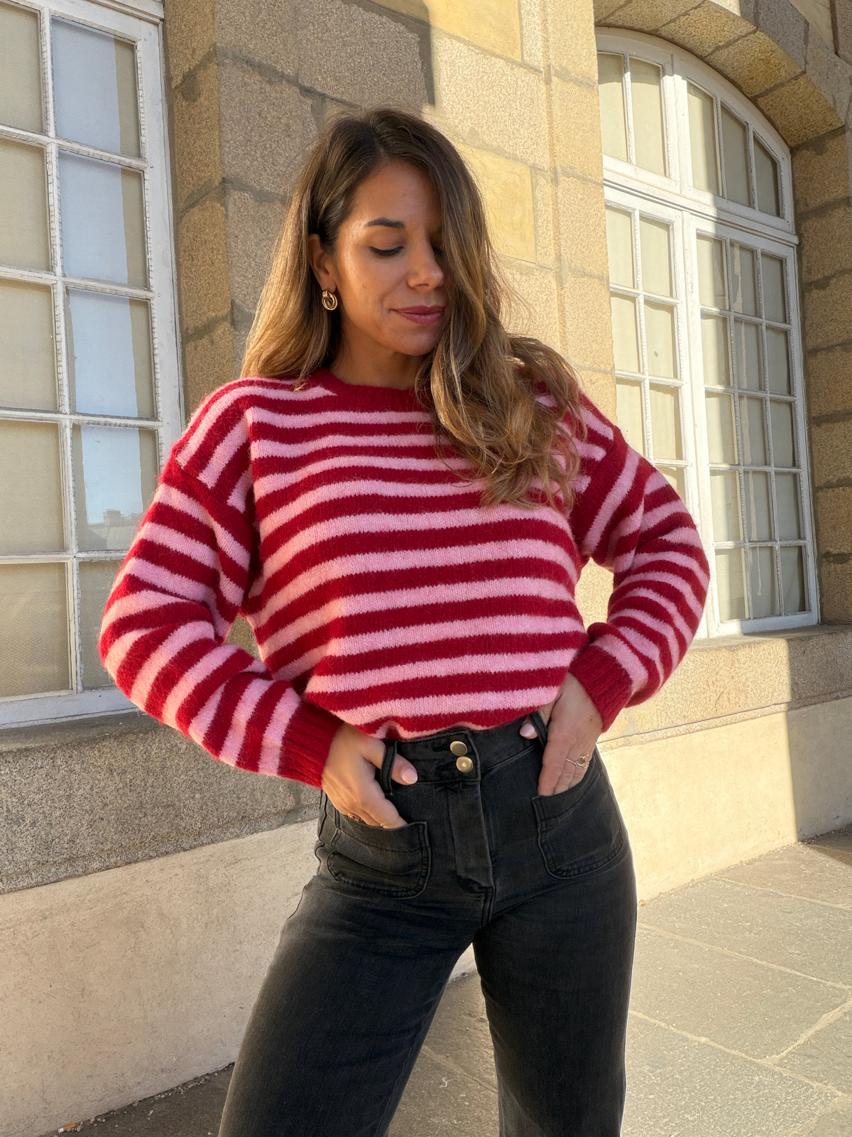 Pull à rayures Suzie rouge et rose
