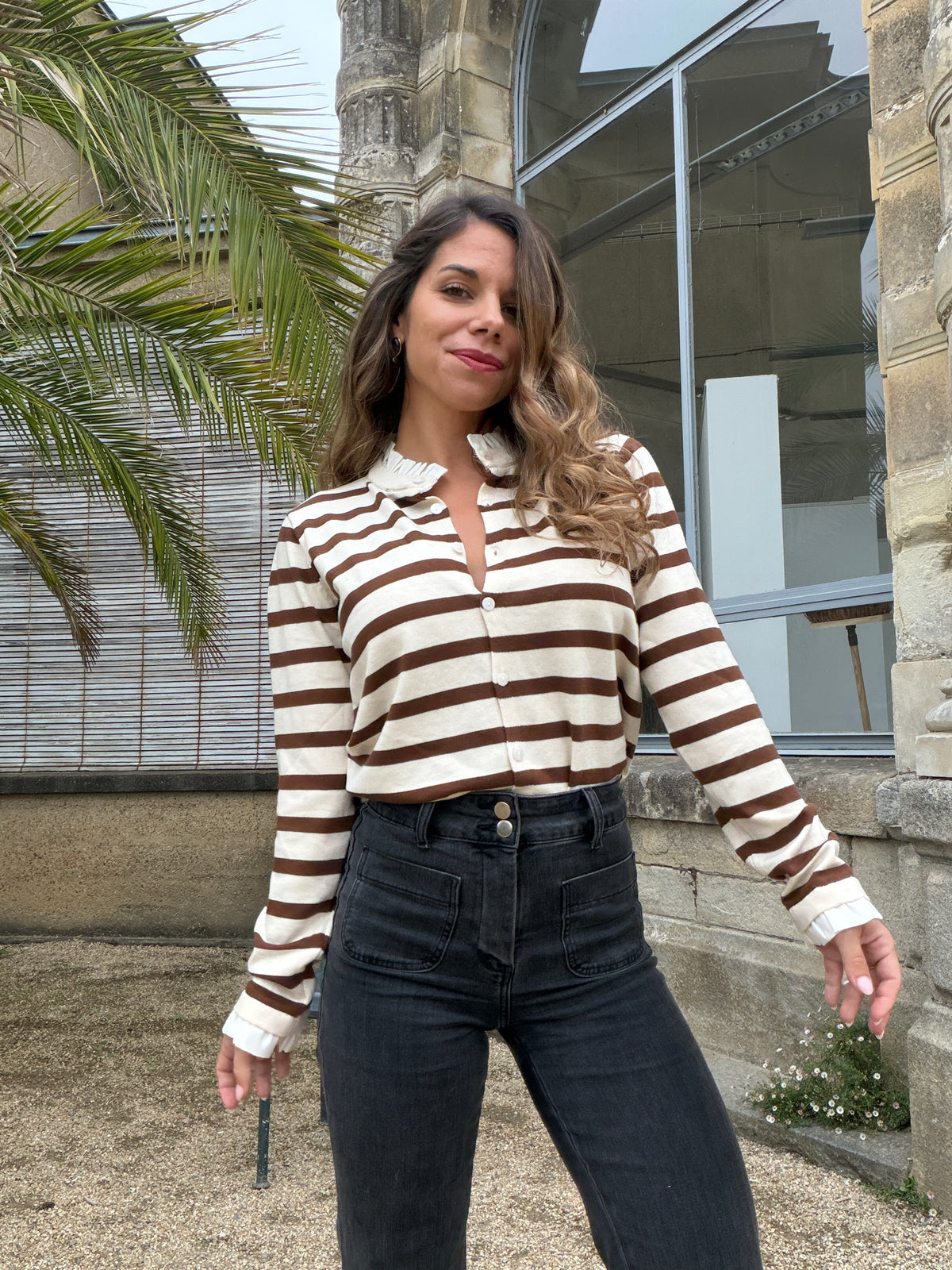 Cardigan Amandine rayé écru et marron