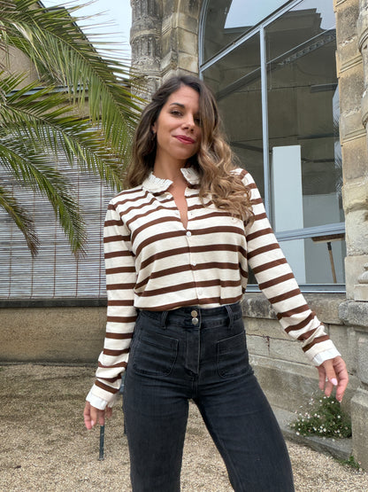 Cardigan Amandine rayé écru et marron