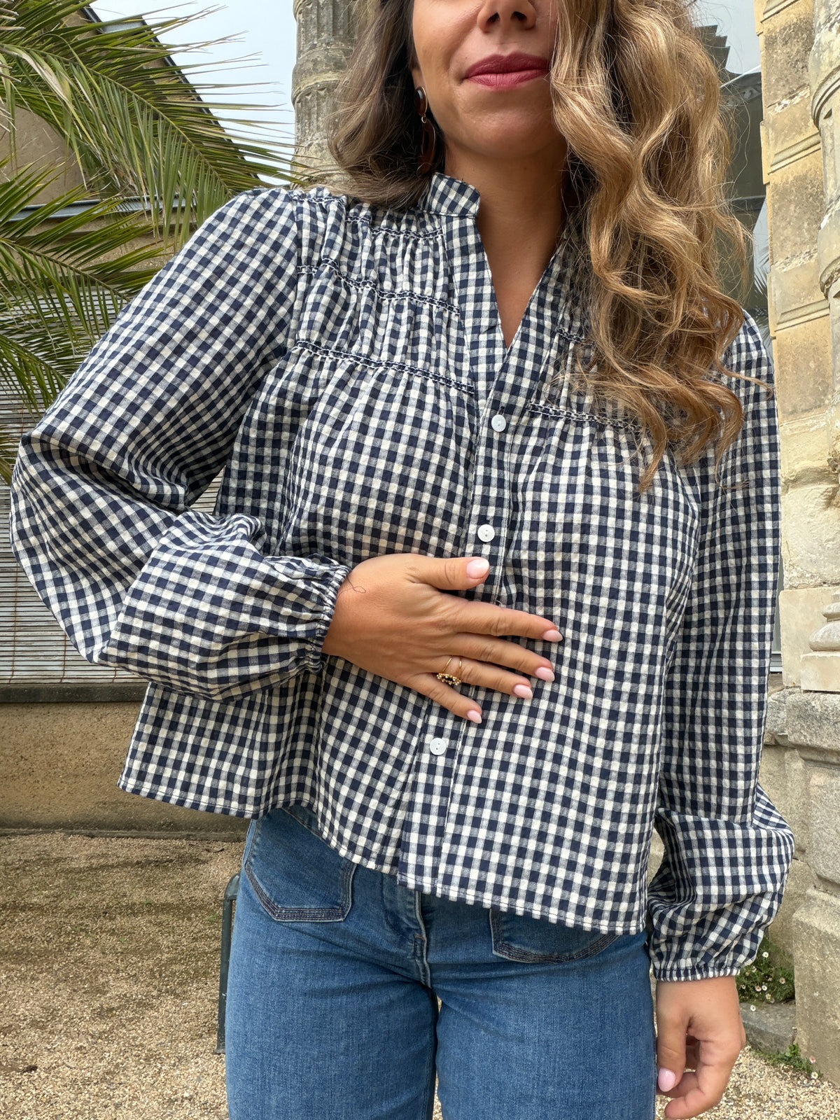 Blouse à carreaux bleu marine Albane